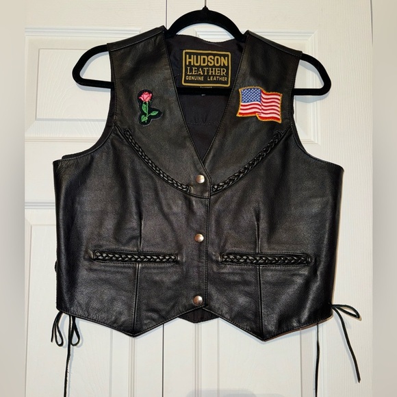 Hudson M black Leather motorcycle Vest rose American flag Harley Davidson patch - Picture 1 of 6